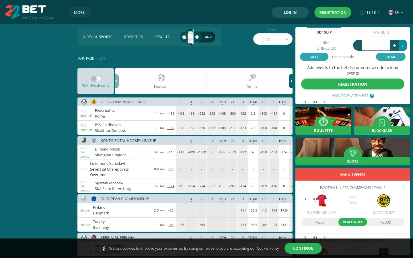 Live section of 22bet.co.ke: Champions League and KHL matches in play with the bet slip on the right