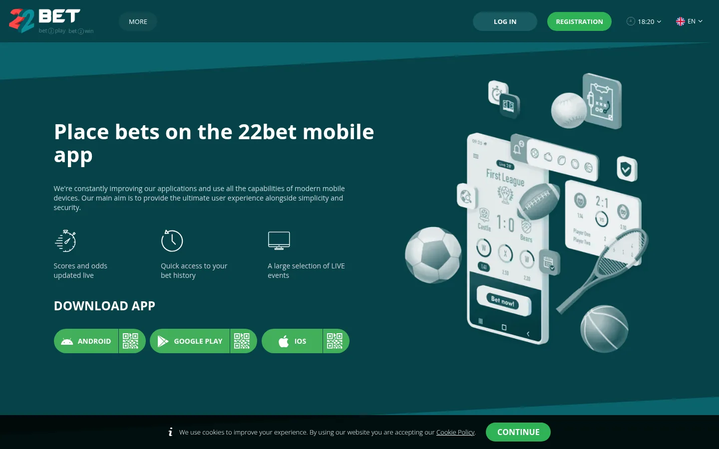 22bet mobile app page with Android, Google Play and iOS download buttons and QR codes